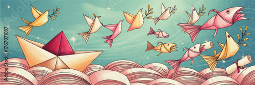 Surreal Paper Origami Birds and Fish Flying Over Open Books with Paper Boat, Whimsical Fantasy Illustration