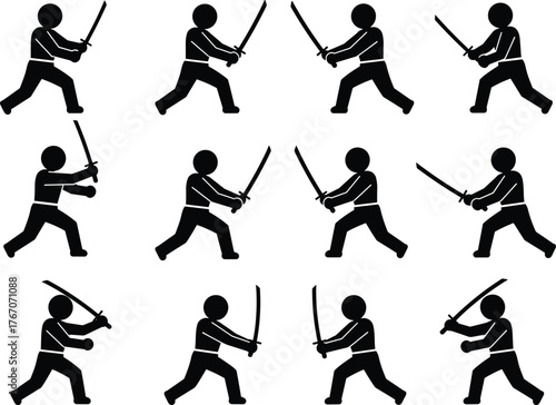 Sword fighting silhouette vector illustration, twelve dynamic poses, martial arts stances, combat motion, training sequence, weapon technique design