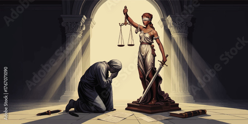 Lady Justice Standing with Scales and Sword in Courthouse, Kneeling Figure in Shadows, Dramatic Light, Law and Justice Concept Art