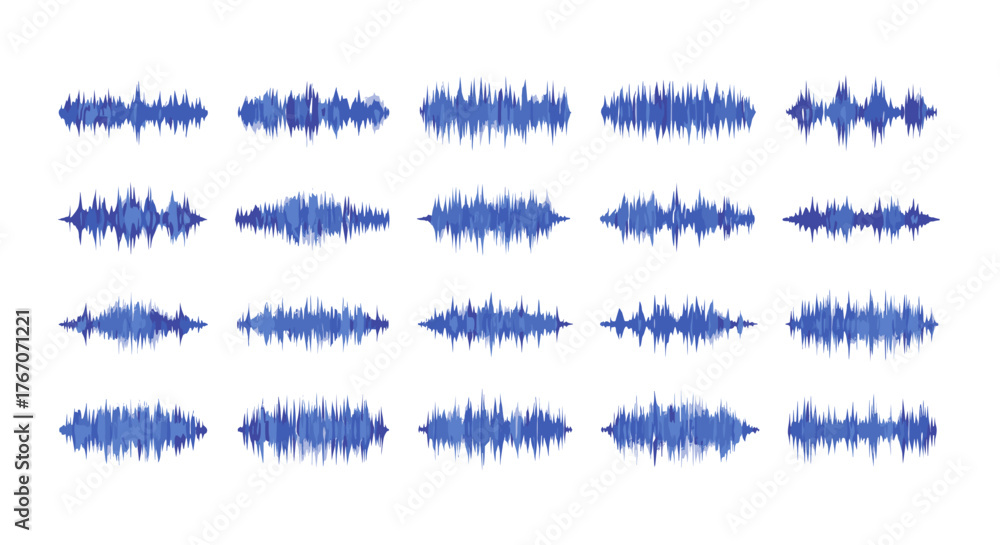 Obraz premium Collection of blue sound wave visualizations on a white background