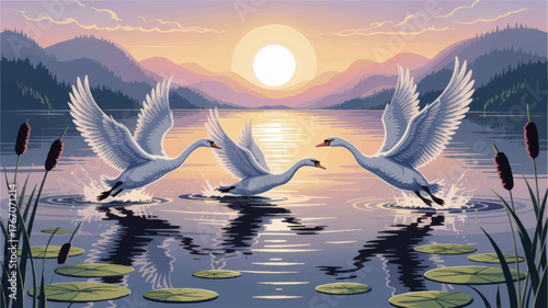 Elegant swans taking flight on tranquil lake at sunrise, mountain landscape reflection, serene nature illustration