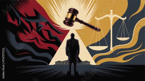 Dramatic Legal Justice Concept Illustration with Judge’s Gavel, Scales of Justice, Courthouse, and Silhouette in Retro Style