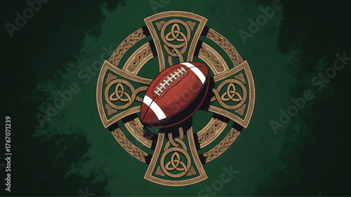 Celtic Cross and American Football Illustration – Irish Sports Culture Concept, Green Artistic Background, Vintage Tribal Design