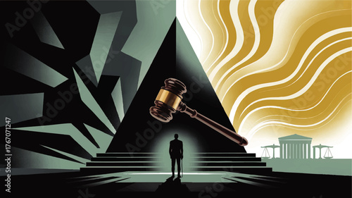Dramatic Legal Concept Illustration with Gavel, Court Scales, Broken Glass, and Pyramid - Justice, Law, Judgement Scene
