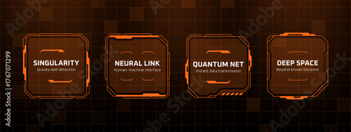Hud vector graphics with sci-fi theme for futuristic interface. Data visualization of singularity, neural link, quantum net, deep space concept.