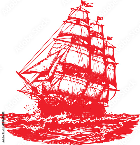Red Silhouette of a Majestic Tall Ship Sailing on the Ocean with Splashing Waves sailing ship