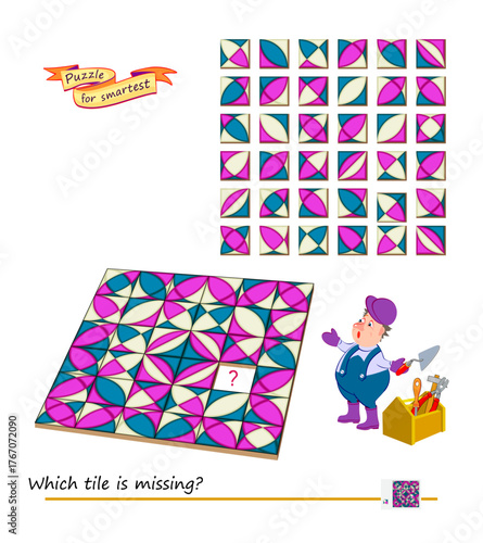Game find and search. Which tile is missing? Logic puzzle for children and adults. Brain teaser book. Task for attentiveness. Play online. Development of spatial thinking. Flat vector illustration.