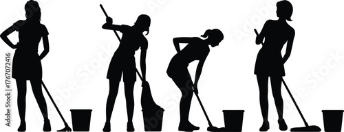 Silhouette workers cleaning floor with mop and bucket, housekeeping staff sanitation service, janitorial occupation hygiene maintenance, household chores illustration