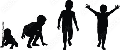 Children silhouette crawling, squatting, walking, standing, growth stages, child development, motor skills, evolution, progress, learning, movement, milestone, playful, expressive,