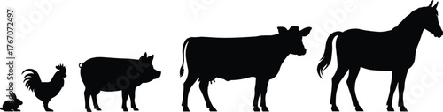 Farm animal silhouettes, rabbit rooster pig cow horse, livestock illustration, agriculture concept, rural farming design, animal husbandry, vector graphic