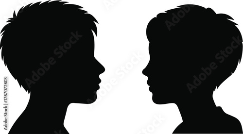 Minimalist black silhouette profiles facing each other, male and female head shapes, conversation concept, human interaction, psychology communication, vector illustration