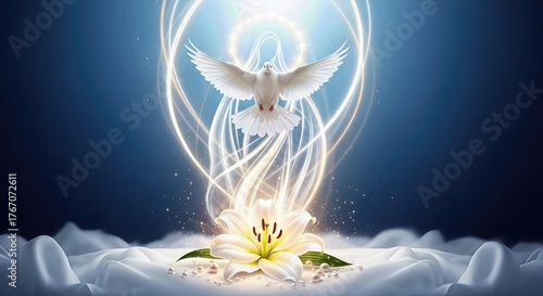 Sacred white dove descends with grace, luminous holy spirit light illuminating pure lily blossom. Celebrating Virgin Mary, immaculate devotion, heavenly peace, spiritual blessing.