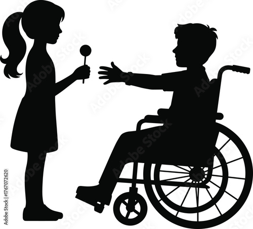 Inclusive children silhouette illustration, girl sharing lollipop with disabled boy in wheelchair, kindness, friendship, diversity, disability awareness, childhood support, compassion