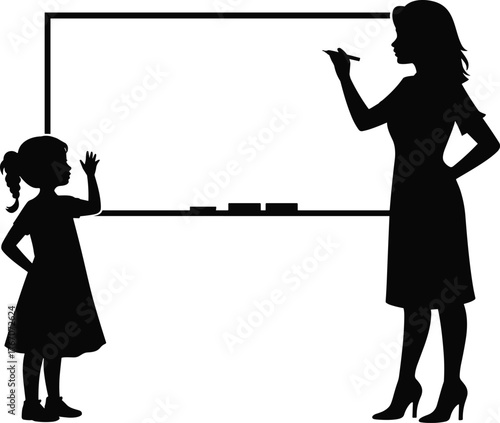 Teacher writing on classroom whiteboard, student raising hand silhouette illustration, education concept, school learning environment, teacher student interaction, academic knowledge