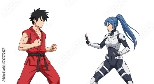 Martial arts fighter in red gi confronts futuristic warrior in white and blue combat suit on white background