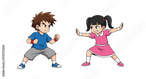 Two energetic children in a martial arts stance, representing childhood fun, active play, and a spirit of healthy competition