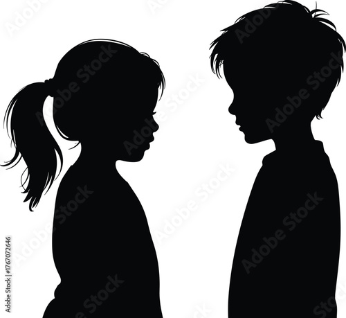 Silhouette children facing each other, boy and girl profile, childhood interaction, emotional connection, family concept, black outline, isolated background