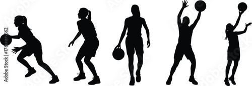 Basketball silhouettes action poses, players dribbling, shooting, dunking, sports teamwork, athletic movement, competitive game, fitness training, dynamic motion, energy
