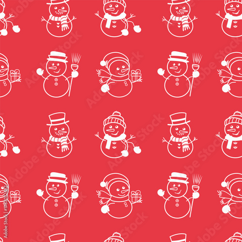 Vector seamless pattern with cute linear snowmen in white outline on red background. Perfect for Christmas design, wrapping paper, greeting cards.