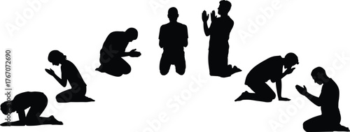 Silhouette figures kneeling in prayer, meditation, devotion, spiritual worship, religious faith, cultural ritual, mindfulness, supplication, spirituality, belief, ceremony