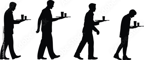 Silhouette waiter walking sequence, server carrying tray with cups, hospitality staff training, restaurant service motion, ergonomic balance, animation reference, illustration