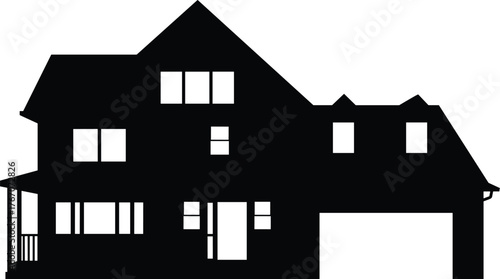 Black and white silhouette suburban house illustration, modern residential architecture design, two story home with porch, gable roof, garage