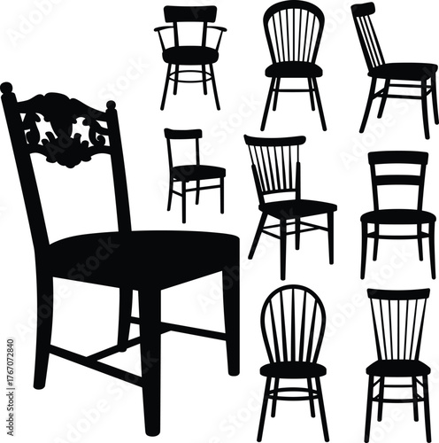 Silhouette collection of vintage and modern chairs, furniture design variety, interior seating styles, classic and contemporary chair silhouettes for decor