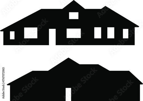Black house silhouette illustration, minimal architecture design, simple home icon, residential building graphic, window door facade, vector isolated artwork