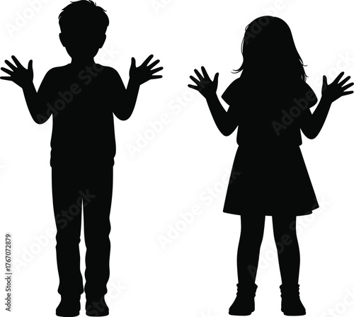 Silhouette children, boy and girl, playful gesture, raised hands, childhood innocence, black outline, white background, family concept, fun, happiness