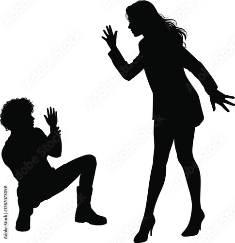 Silhouette confrontation scene, dramatic body language tension, standing woman arguing, defensive crouched man, conflict illustration, interpersonal drama, emotional communication concept, vector art