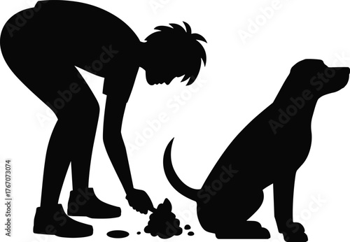Silhouette person cleaning dog poop, responsible pet owner picking up feces with bag, hygiene, park, animal waste disposal, urban cleanliness, care