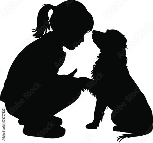 Silhouette child with dog training outdoors, friendship bond, pet care, animal love, family lifestyle, playful moment, trust, companionship, connection