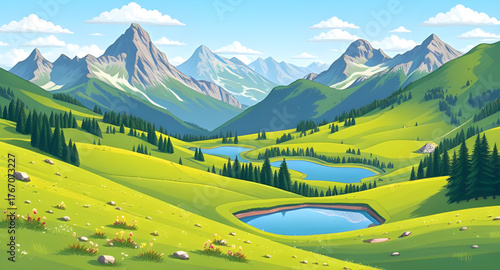 meadow mountain illustration, landscape vector, mountain scenery, green meadow, hills and mountains, nature landscape, summer meadow, valley illustration, scenic view, natural environment, rural lands