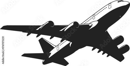 Commercial airplane silhouette flying in sky, Boeing 747 jumbo jet aircraft, aviation travel concept, transportation industry, engineering technology illustration