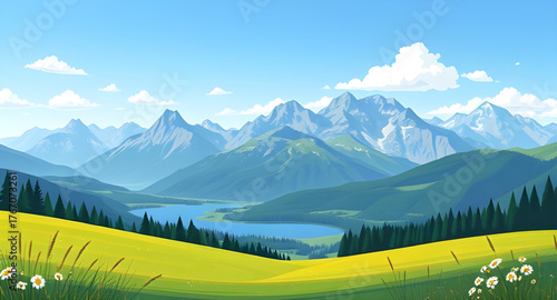 meadow mountain illustration, landscape vector, mountain scenery, green meadow, hills and mountains, nature landscape, summer meadow, valley illustration, scenic view, natural environment, rural lands