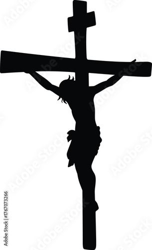 Silhouette crucifix cross with Jesus Christ figure, crown of thorns, Christian faith symbol, sacrifice, redemption, spirituality, religion, worship, hope