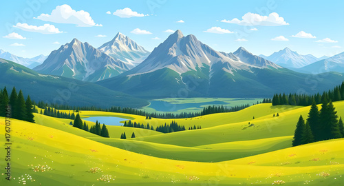 meadow mountain illustration, landscape vector, mountain scenery, green meadow, hills and mountains, nature landscape, summer meadow, valley illustration, scenic view, natural environment, rural lands