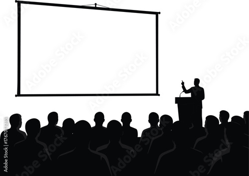 Presentation silhouette vector illustration, speaker at podium with audience, blank projection screen, educational and professional seminar concept design