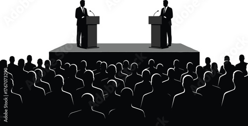 Debate scene silhouette vector illustration, podium speakers on stage, seated audience watching, public speaking and communication concept, formal event design