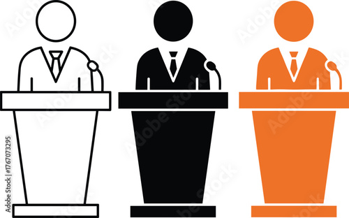Public speaking trio vector illustration, stylized podium figures in suit and tie, diverse speaker colors, debate and presentation concept design