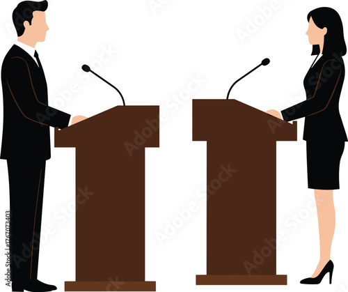 Debate silhouette vector illustration, professional speakers at podiums, public speaking scene, formal discussion concept, business attire, communication design