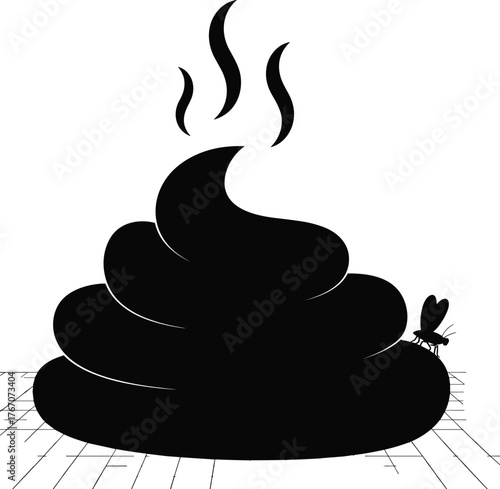 Cartoon poop illustration, black feces icon, smelly waste symbol, fly insect silhouette, funny toilet humor, hygiene concept, vector graphic design