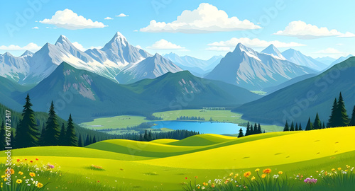 meadow mountain illustration, landscape vector, mountain scenery, green meadow, hills and mountains, nature landscape, summer meadow, valley illustration, scenic view, natural environment, rural lands