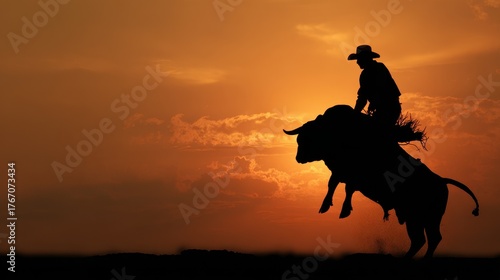 Cowboy Silhouette Riding a Bull Against a Sunset Backdrop - Rodeo Element in Country Setting