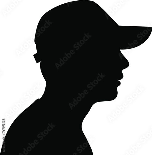 Black silhouette profile of man wearing baseball cap, anonymous person icon, minimal design, generic avatar, urban streetwear concept, vector illustration