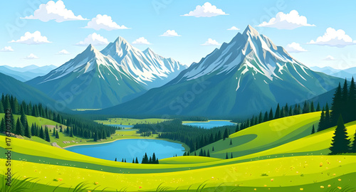 meadow mountain illustration, landscape vector, mountain scenery, green meadow, hills and mountains, nature landscape, summer meadow, valley illustration, scenic view, natural environment, rural lands