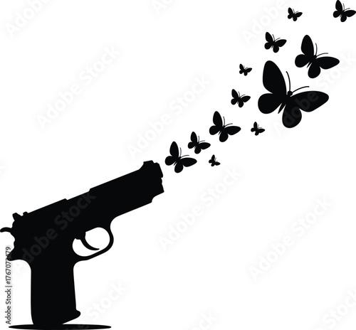 Silhouette handgun with butterflies, peace transformation, anti violence concept, surreal art illustration, freedom symbol, creative metaphor, weapon turned beauty