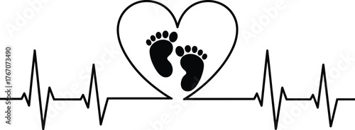 Heartbeat line with heart shape and baby footprints, newborn love, maternity care, family symbol, pregnancy health, motherhood, neonatal life design