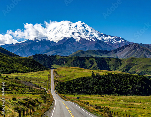 Majestic Snow-Capped Volcano Dominates Verdant Andean Landscape with Winding Road.