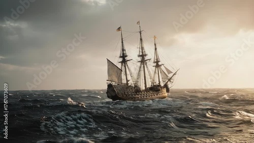 An old sailboat sailing on the ocean with cloudy sky